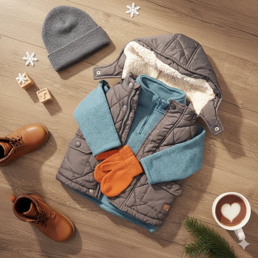 Toddler Winter Outfit 24 month — Quilted Vest, Fleece Pullover & Mittens